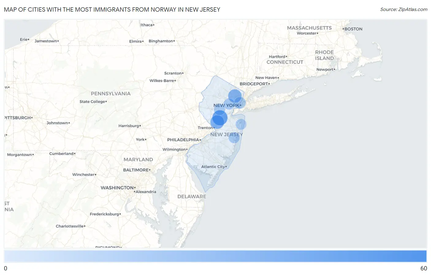 Cities with the Most Immigrants from Norway in New Jersey Map