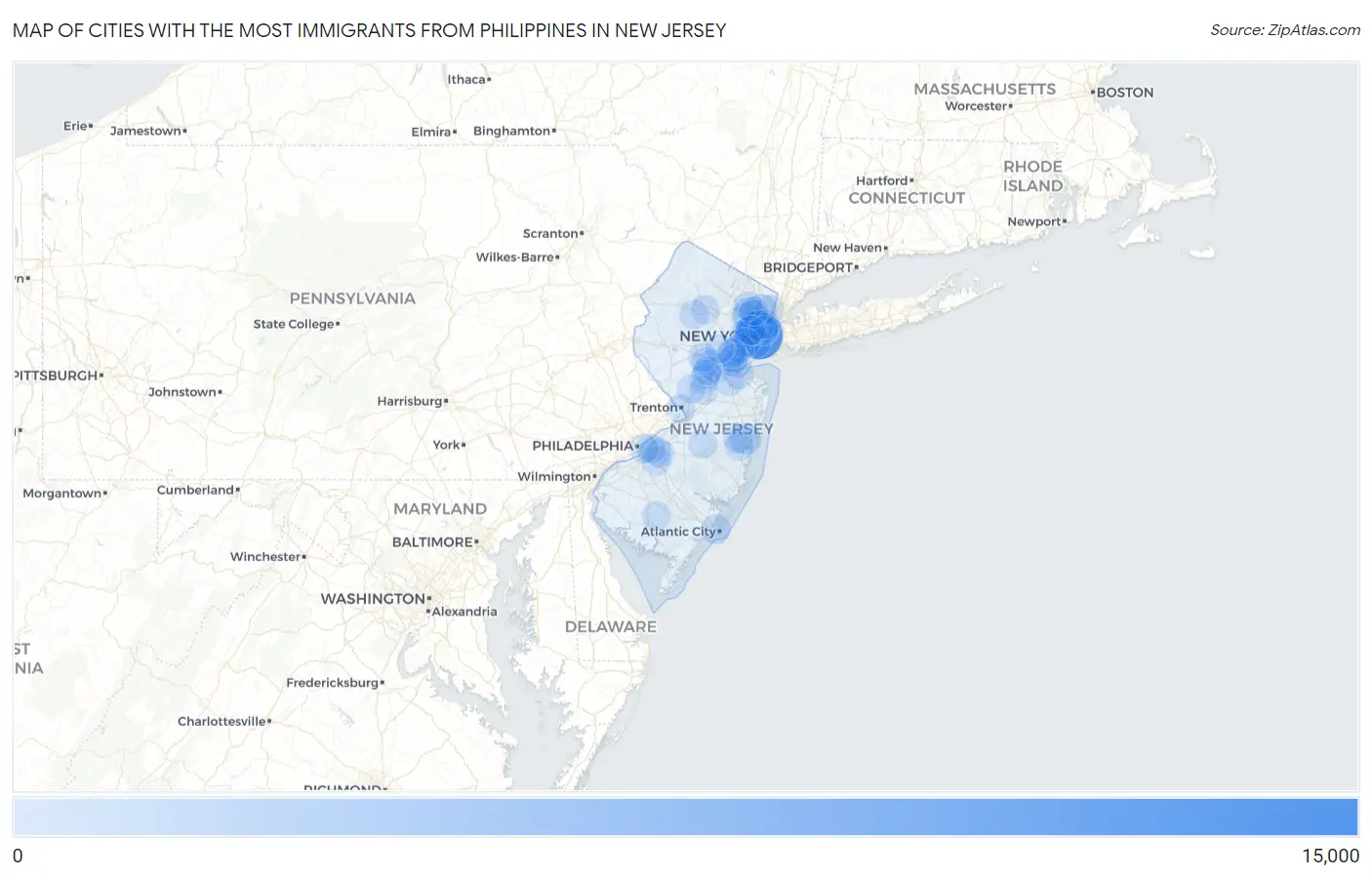 Cities with the Most Immigrants from Philippines in New Jersey Map