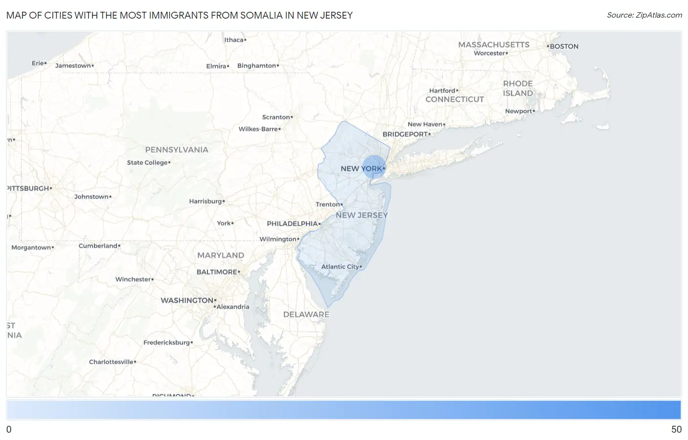 Cities with the Most Immigrants from Somalia in New Jersey Map