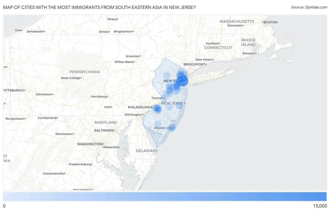Cities with the Most Immigrants from South Eastern Asia in New Jersey Map