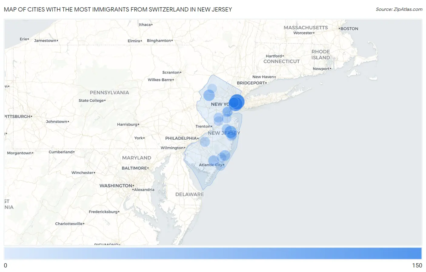 Cities with the Most Immigrants from Switzerland in New Jersey Map