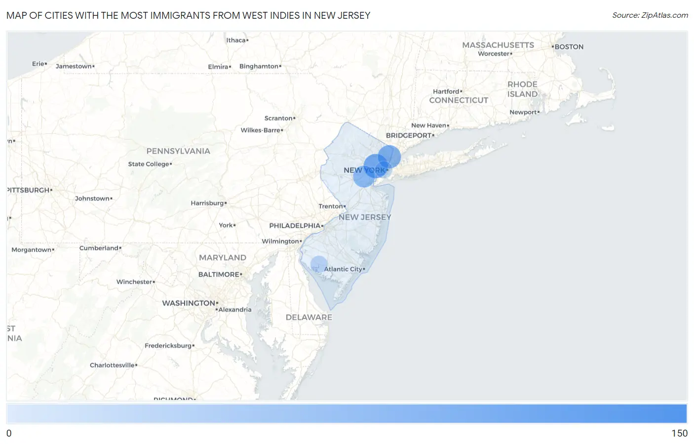 Cities with the Most Immigrants from West Indies in New Jersey Map