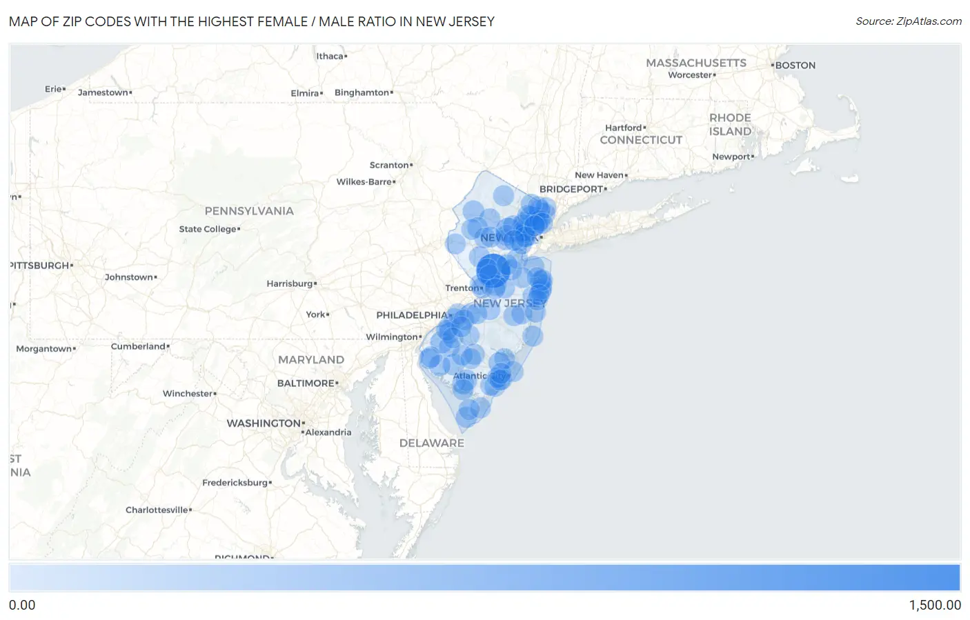 Zip Codes with the Highest Female / Male Ratio in New Jersey Map