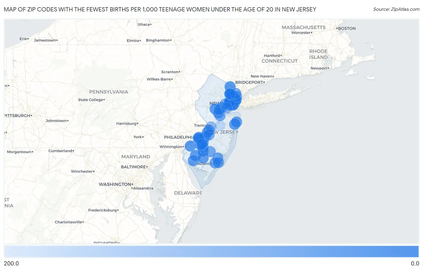 Zip Codes with the Fewest Births per 1,000 Teenage Women Under the Age of 20 in New Jersey Map