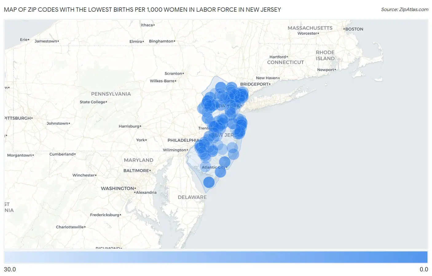 Zip Codes with the Lowest Births per 1,000 Women in Labor Force in New Jersey Map