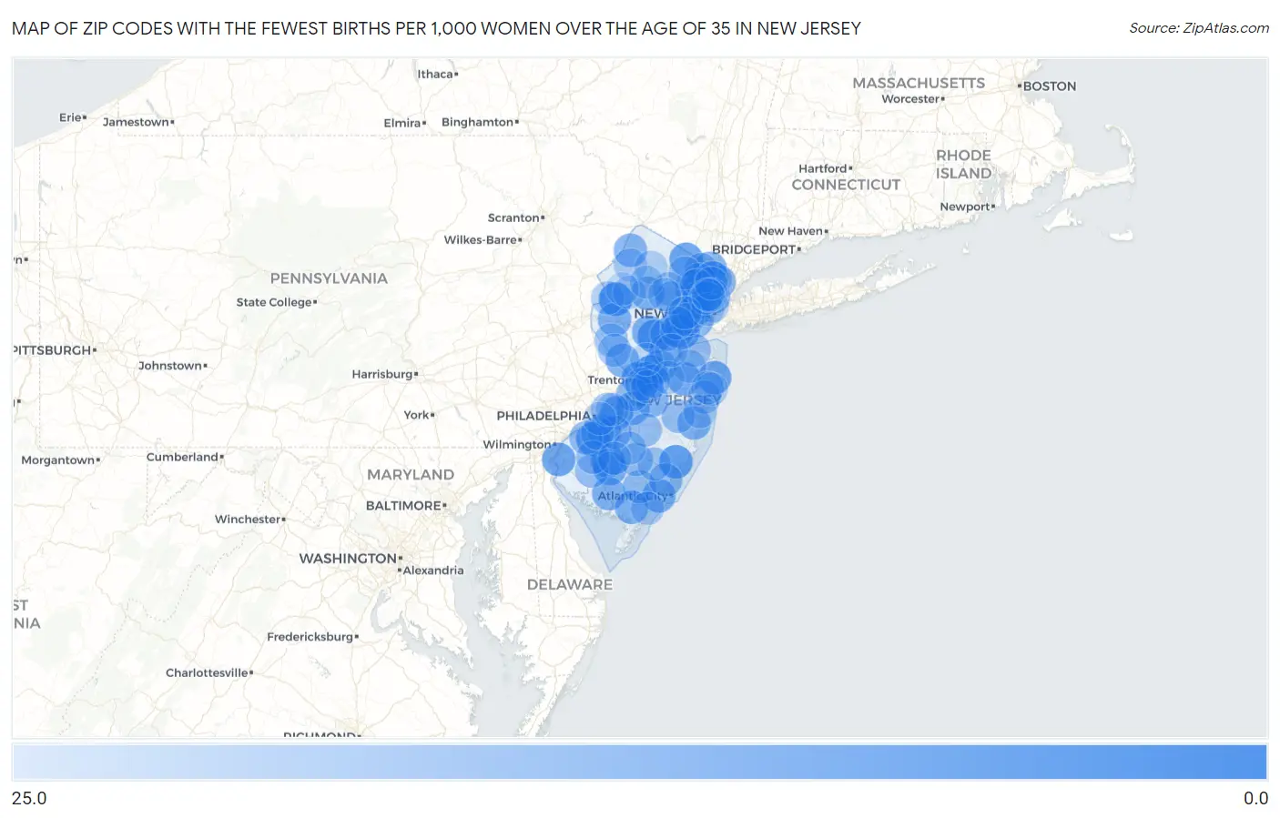 Zip Codes with the Fewest Births per 1,000 Women Over the Age of 35 in New Jersey Map