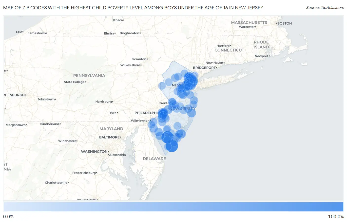 Zip Codes with the Highest Child Poverty Level Among Boys Under the Age of 16 in New Jersey Map