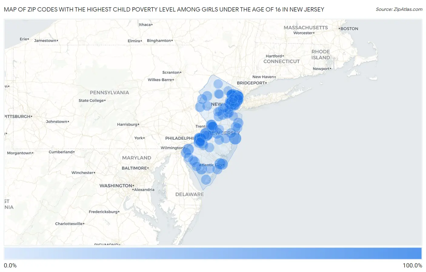 Zip Codes with the Highest Child Poverty Level Among Girls Under the Age of 16 in New Jersey Map