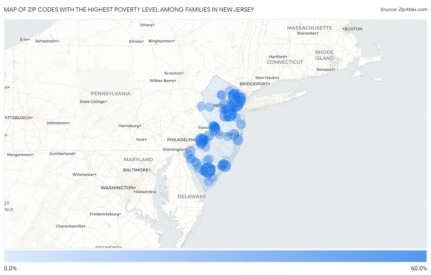 Zip Codes with the Highest Poverty Level Among Families in New Jersey Map