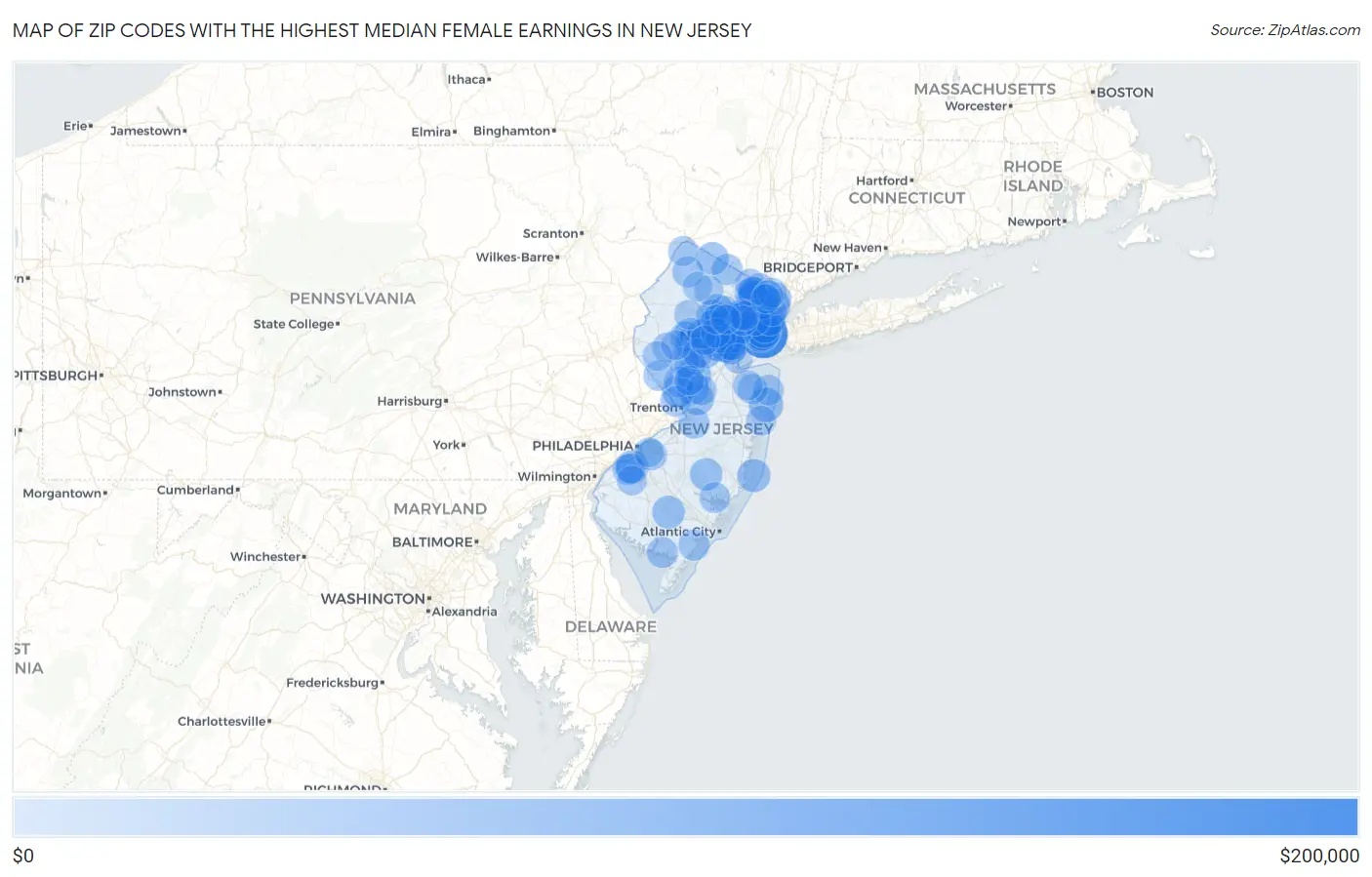 Zip Codes with the Highest Median Female Earnings in New Jersey Map
