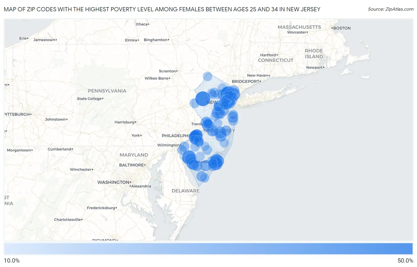 Zip Codes with the Highest Poverty Level Among Females Between Ages 25 and 34 in New Jersey Map
