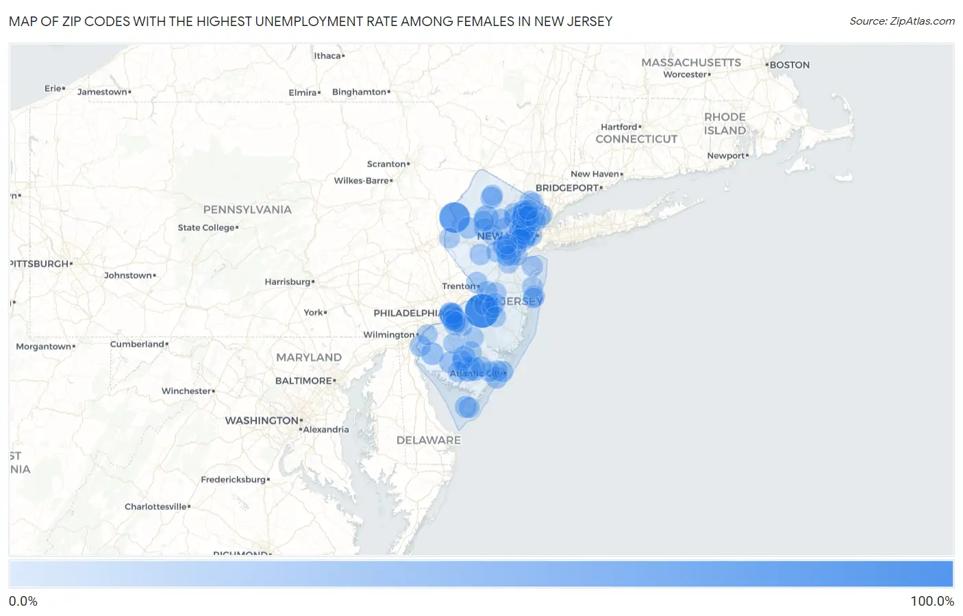 Zip Codes with the Highest Unemployment Rate Among Females in New Jersey Map