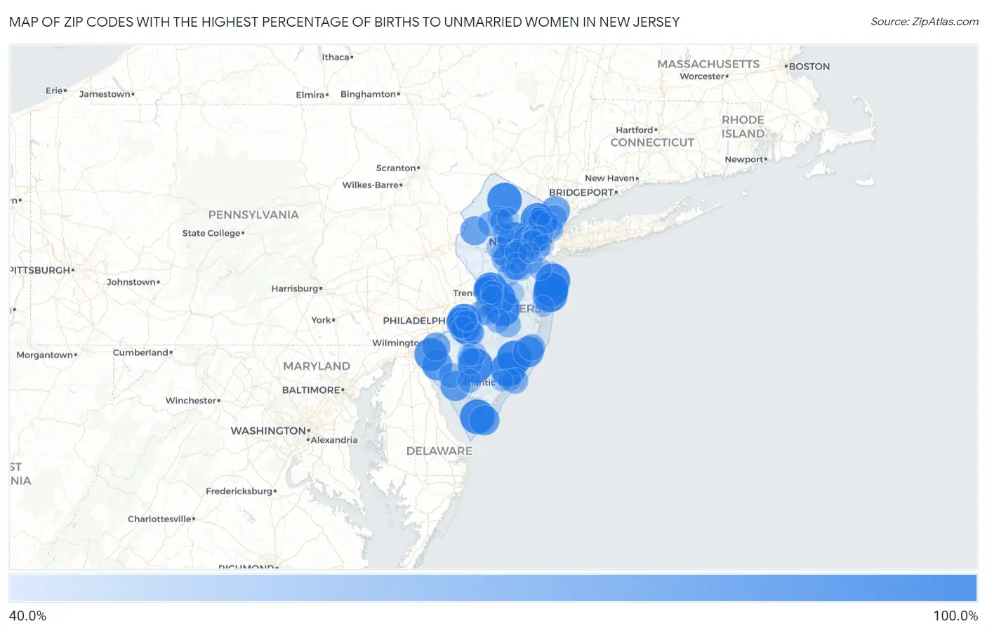 Zip Codes with the Highest Percentage of Births to Unmarried Women in New Jersey Map