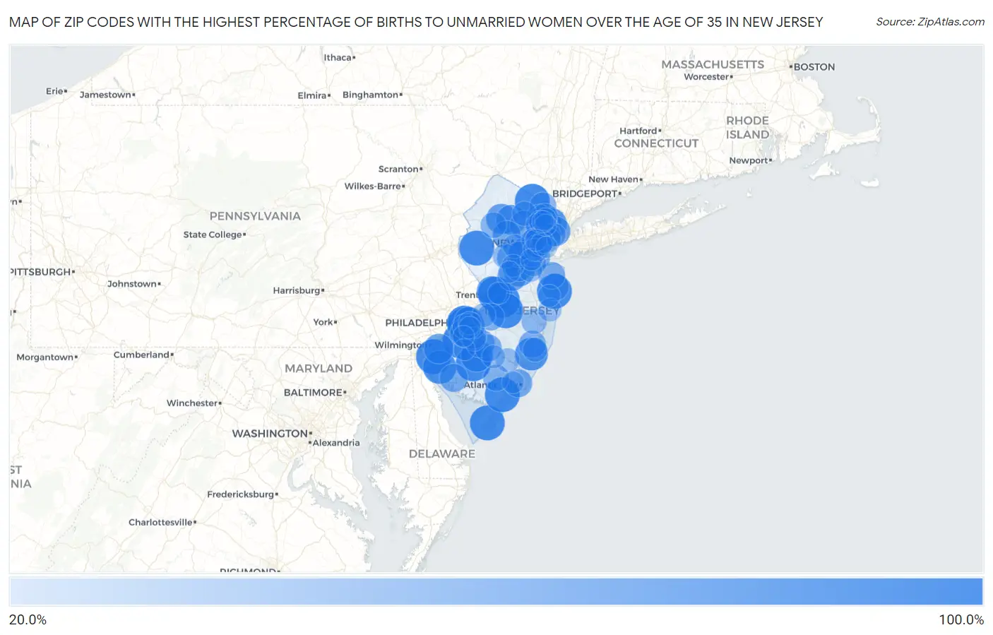 Zip Codes with the Highest Percentage of Births to Unmarried Women over the Age of 35 in New Jersey Map