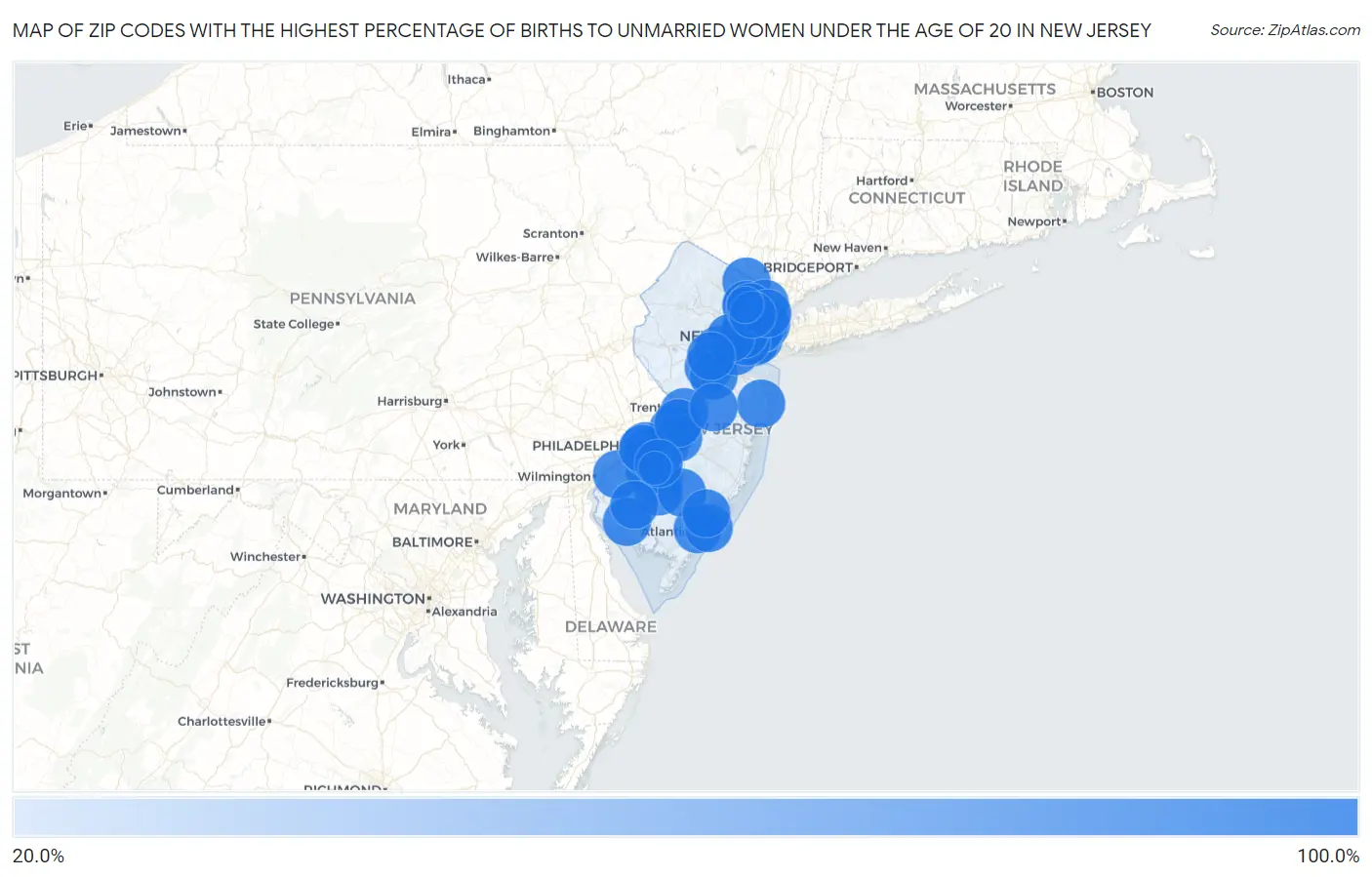 Zip Codes with the Highest Percentage of Births to Unmarried Women under the Age of 20 in New Jersey Map