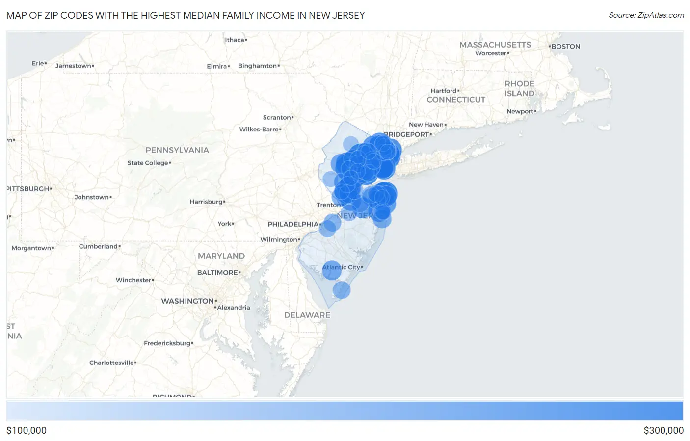 Zip Codes with the Highest Median Family Income in New Jersey Map