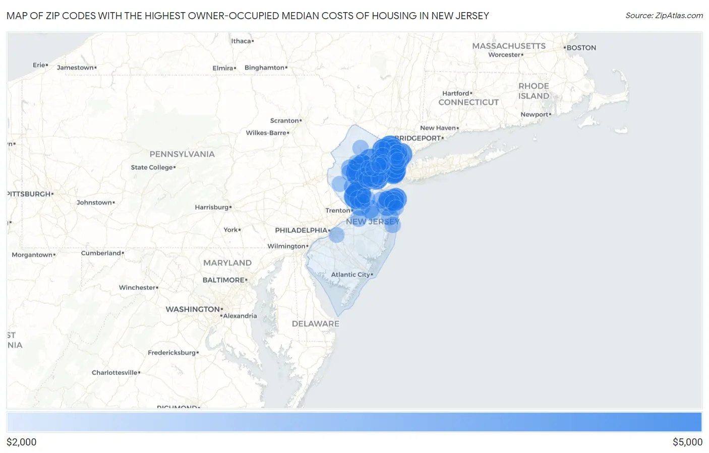 Zip Codes with the Highest Owner-Occupied Median Costs of Housing in New Jersey Map