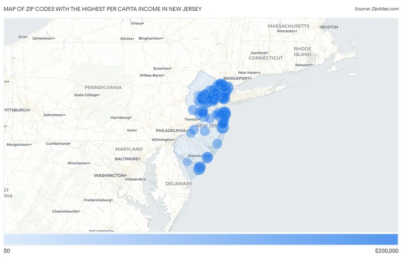 Zip Codes with the Highest Per Capita Income in New Jersey Map