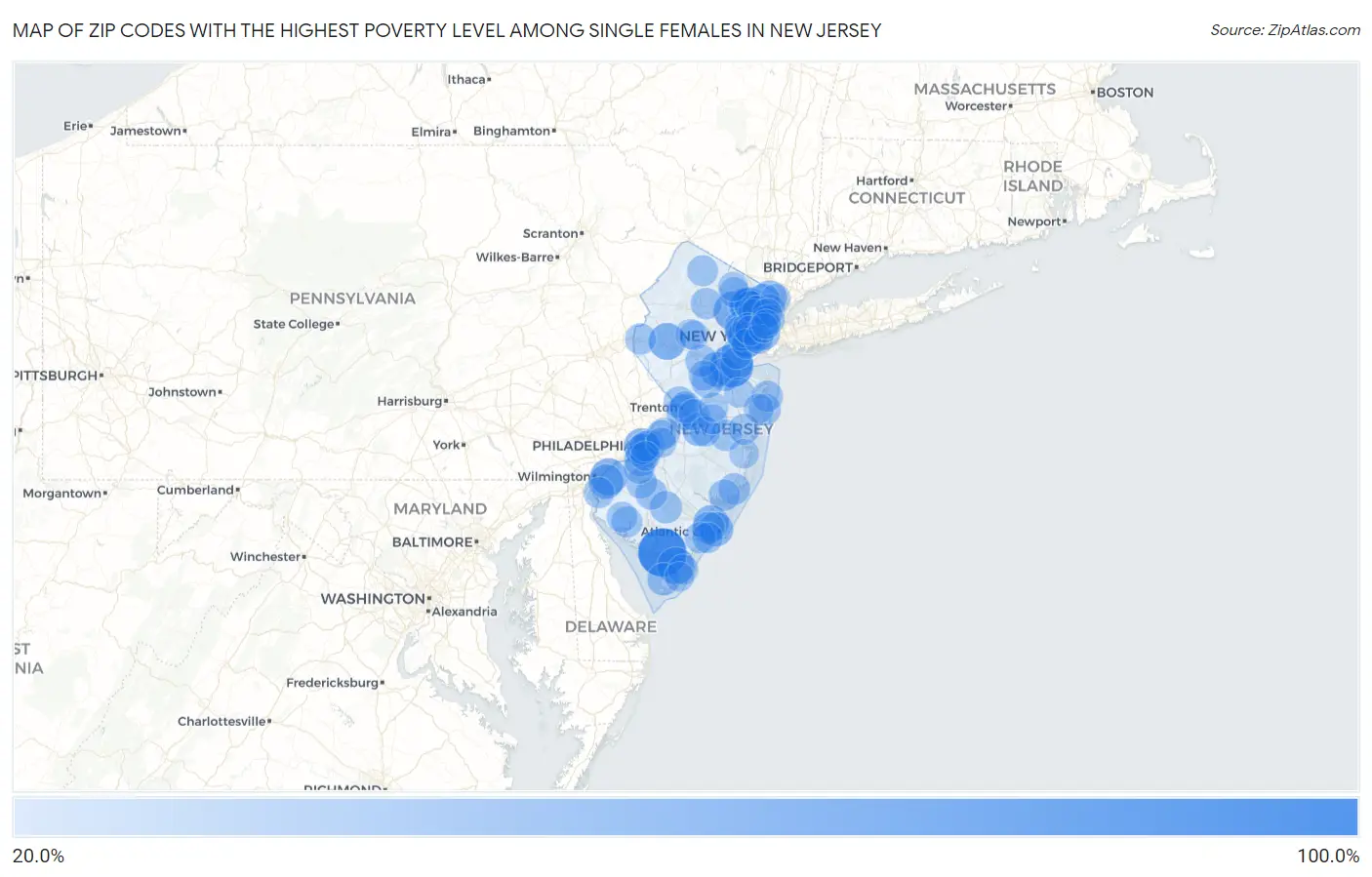 Zip Codes with the Highest Poverty Level Among Single Females in New Jersey Map