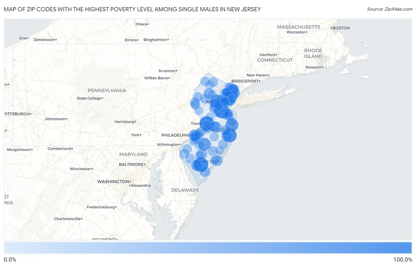 Zip Codes with the Highest Poverty Level Among Single Males in New Jersey Map