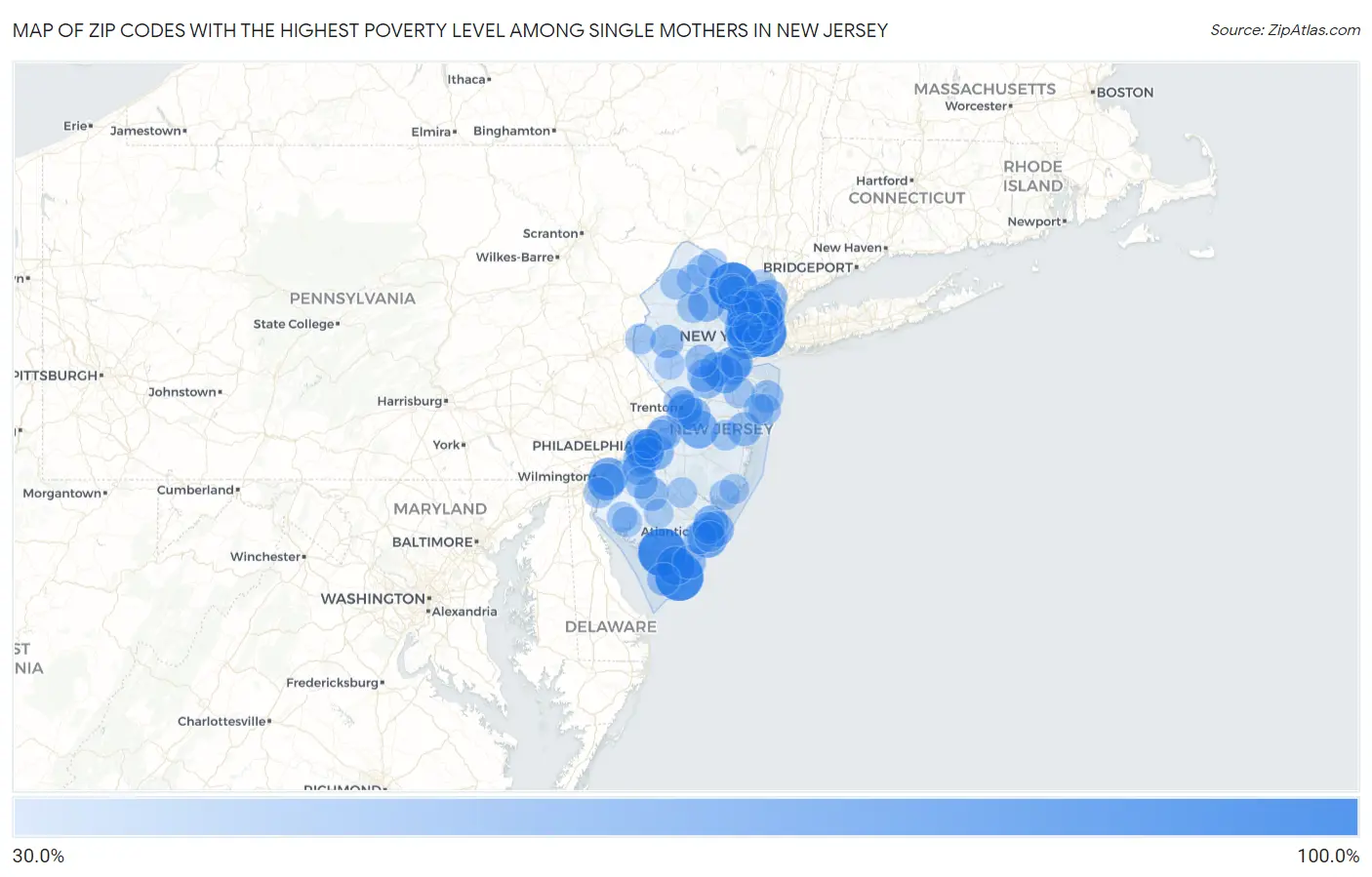 Zip Codes with the Highest Poverty Level Among Single Mothers in New Jersey Map