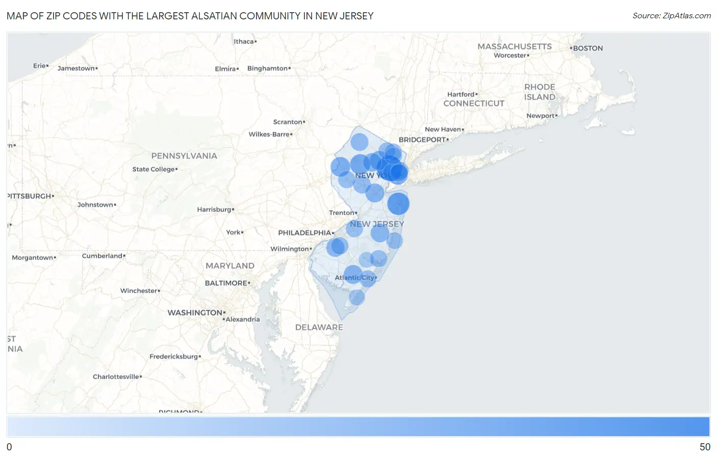Zip Codes with the Largest Alsatian Community in New Jersey Map