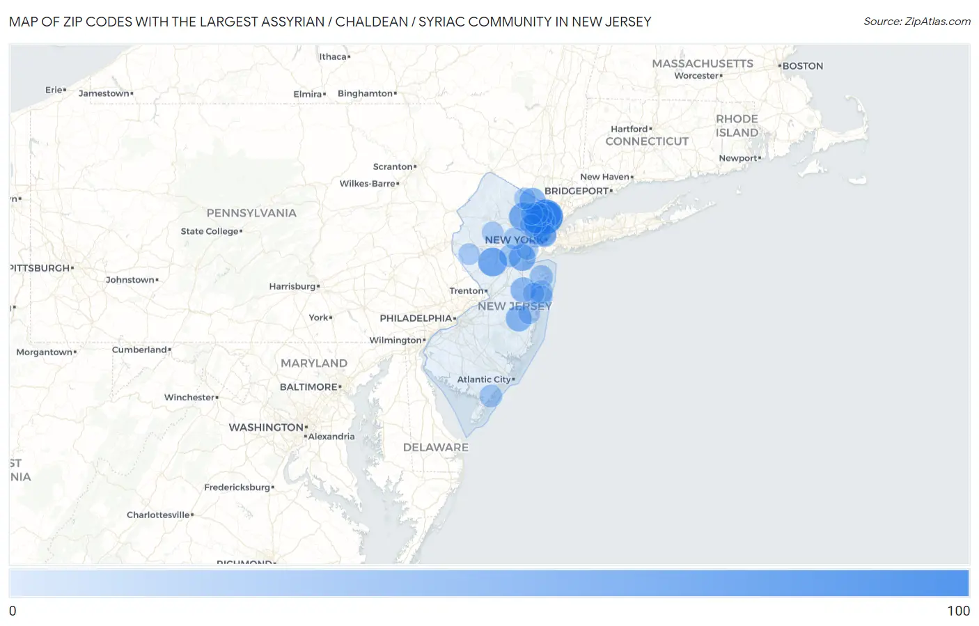 Zip Codes with the Largest Assyrian / Chaldean / Syriac Community in New Jersey Map