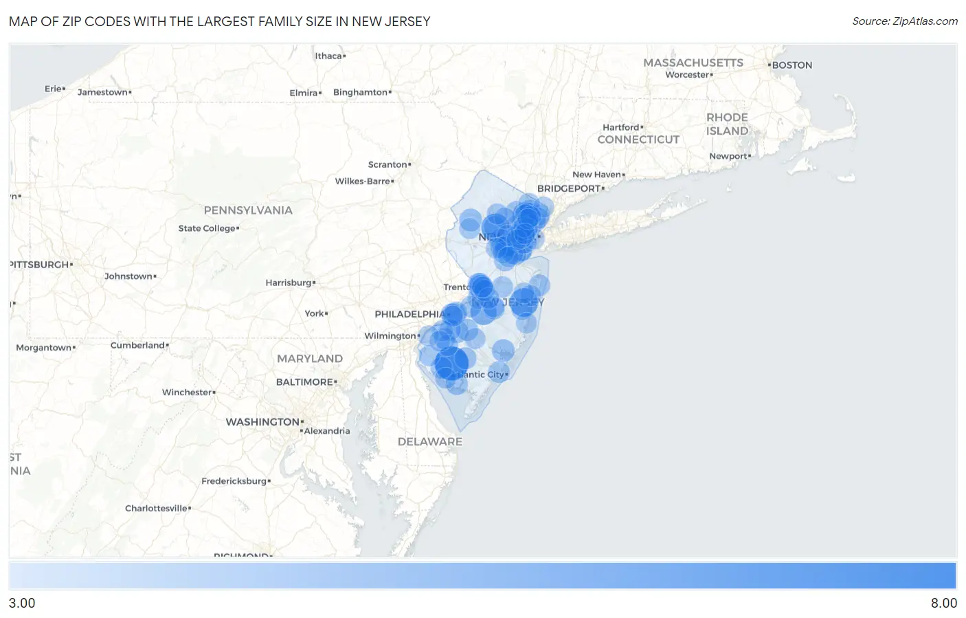 Zip Codes with the Largest Family Size in New Jersey Map