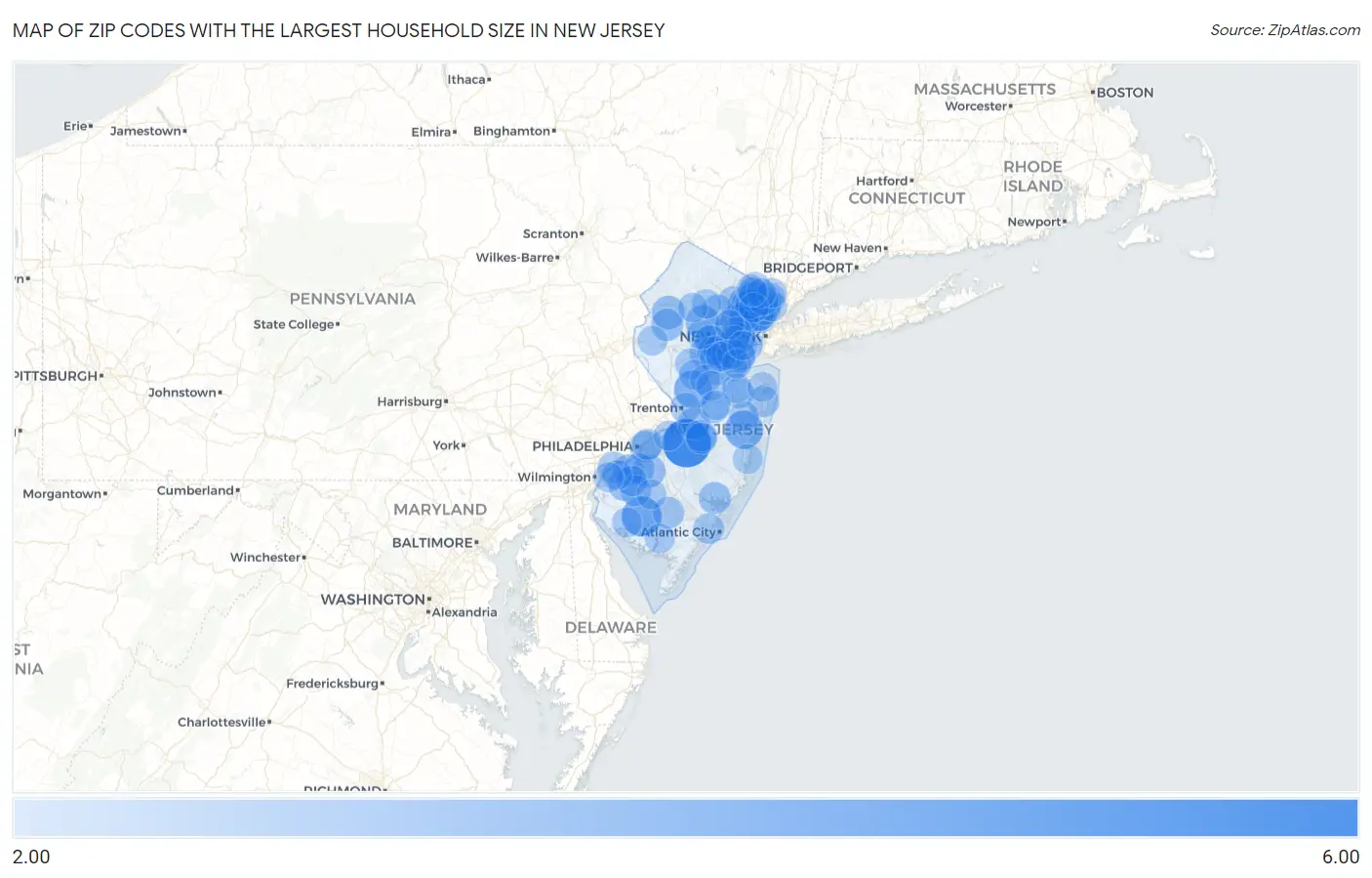 Zip Codes with the Largest Household Size in New Jersey Map