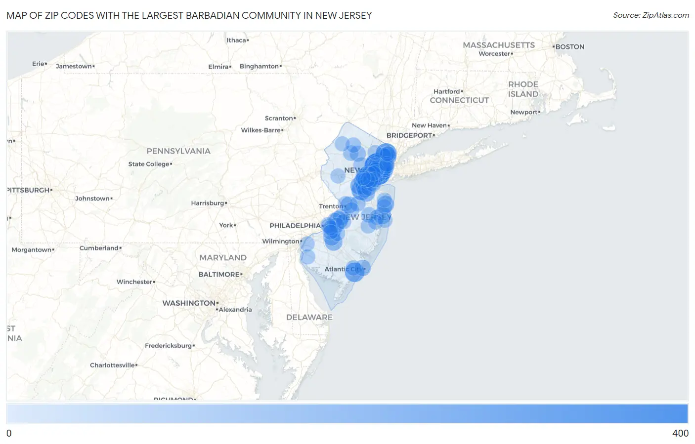 Zip Codes with the Largest Barbadian Community in New Jersey Map