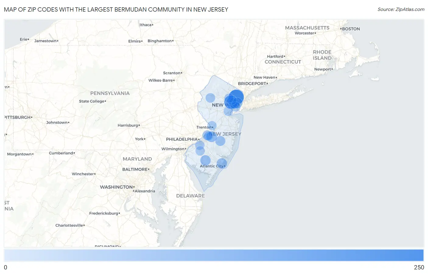 Zip Codes with the Largest Bermudan Community in New Jersey Map