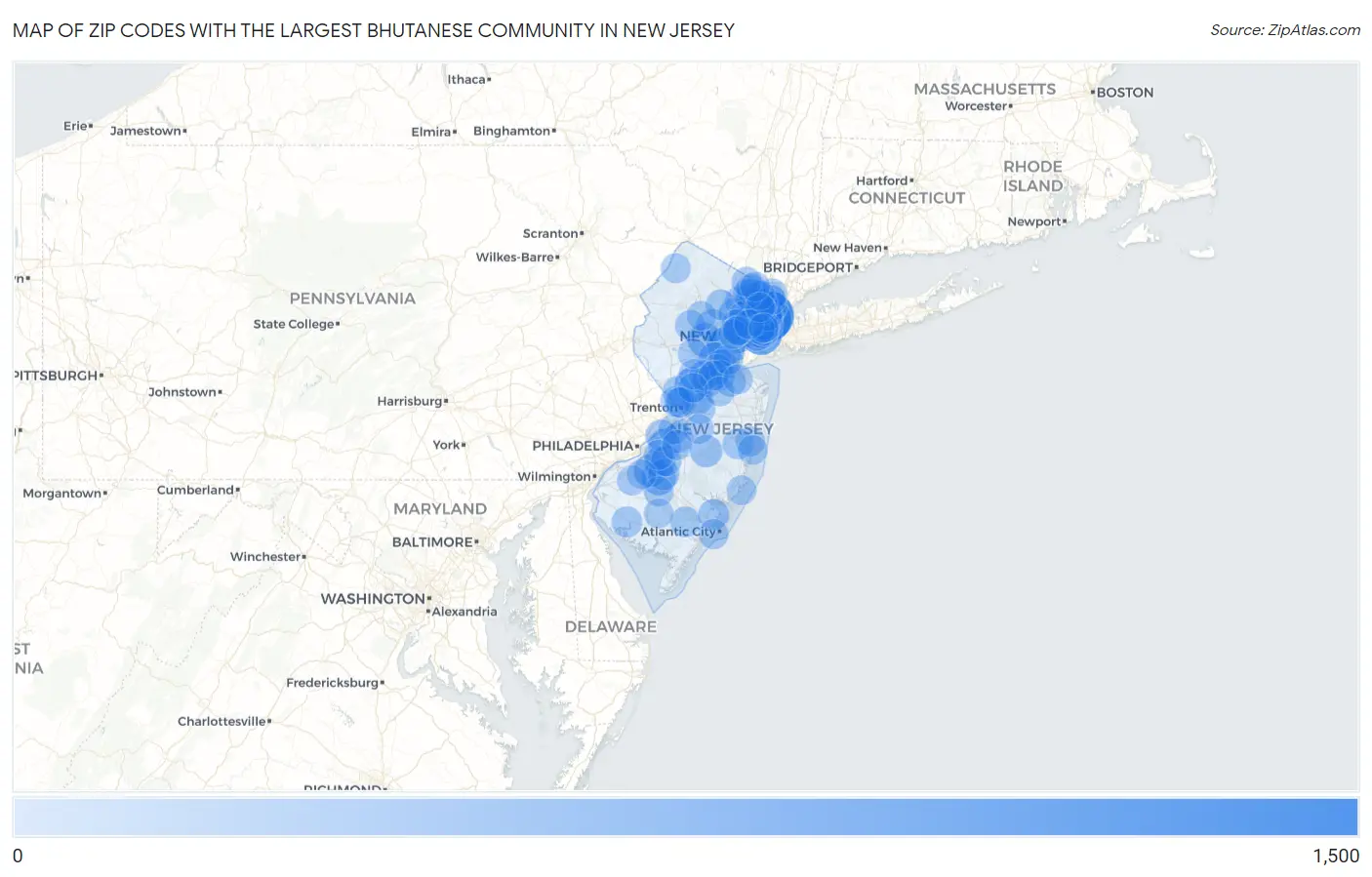 Zip Codes with the Largest Bhutanese Community in New Jersey Map