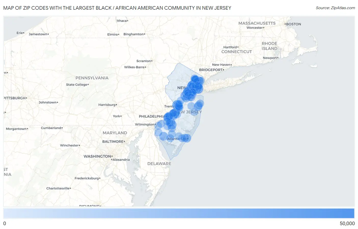 Zip Codes with the Largest Black / African American Community in New Jersey Map
