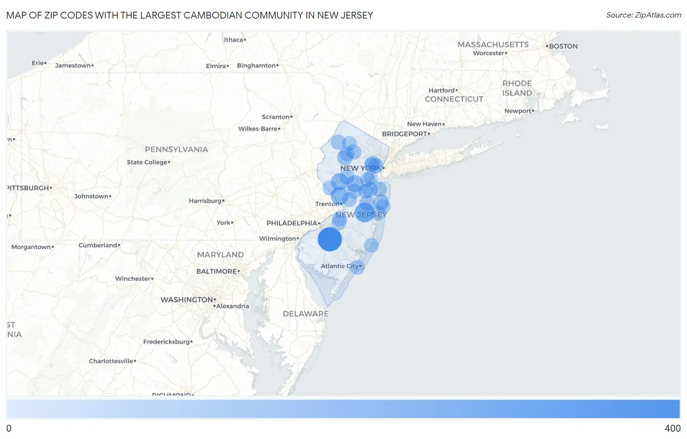 Zip Codes with the Largest Cambodian Community in New Jersey Map