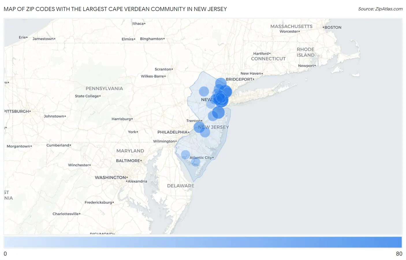 Zip Codes with the Largest Cape Verdean Community in New Jersey Map