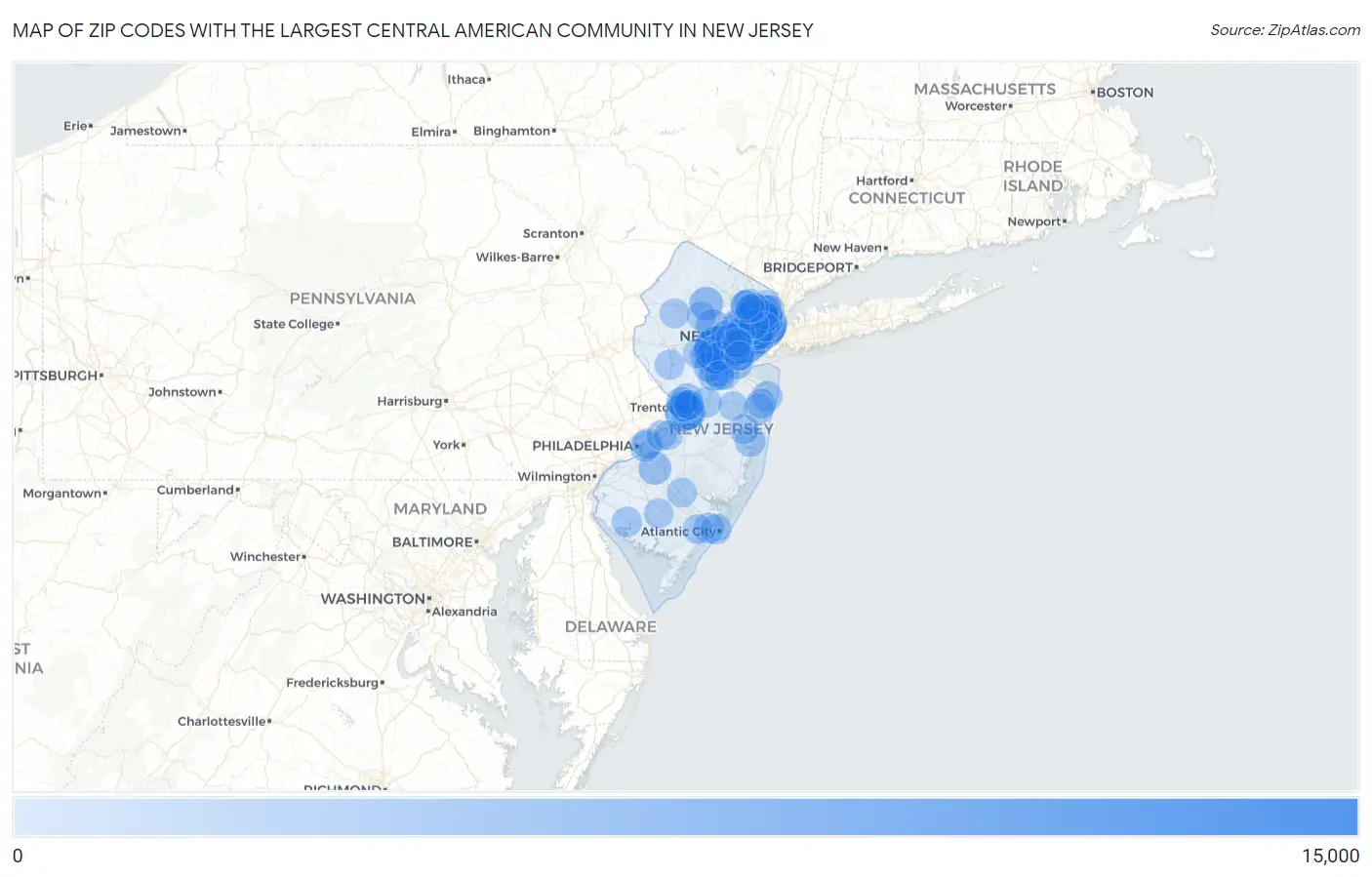 Zip Codes with the Largest Central American Community in New Jersey Map