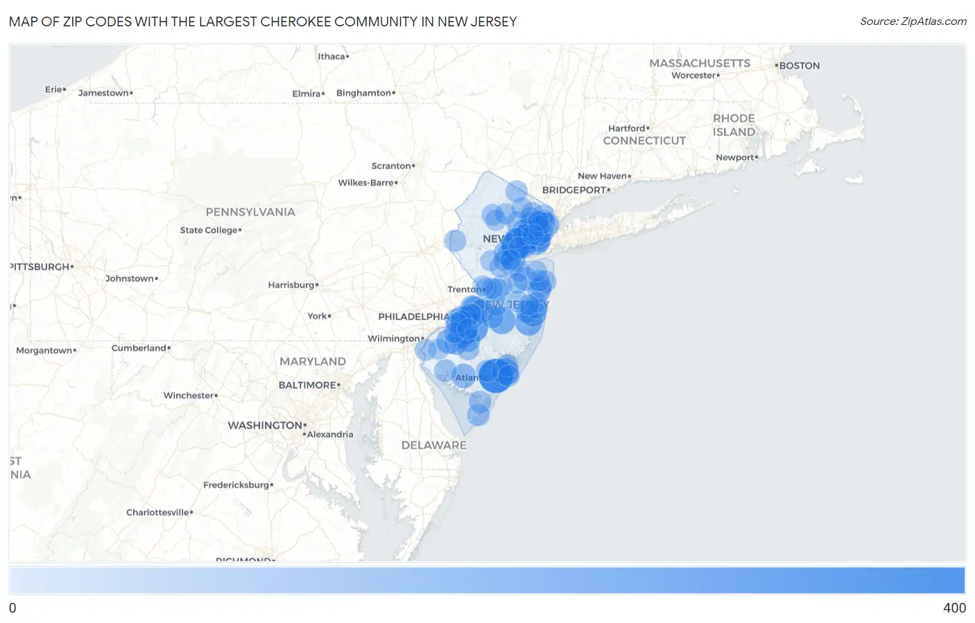 Zip Codes with the Largest Cherokee Community in New Jersey Map
