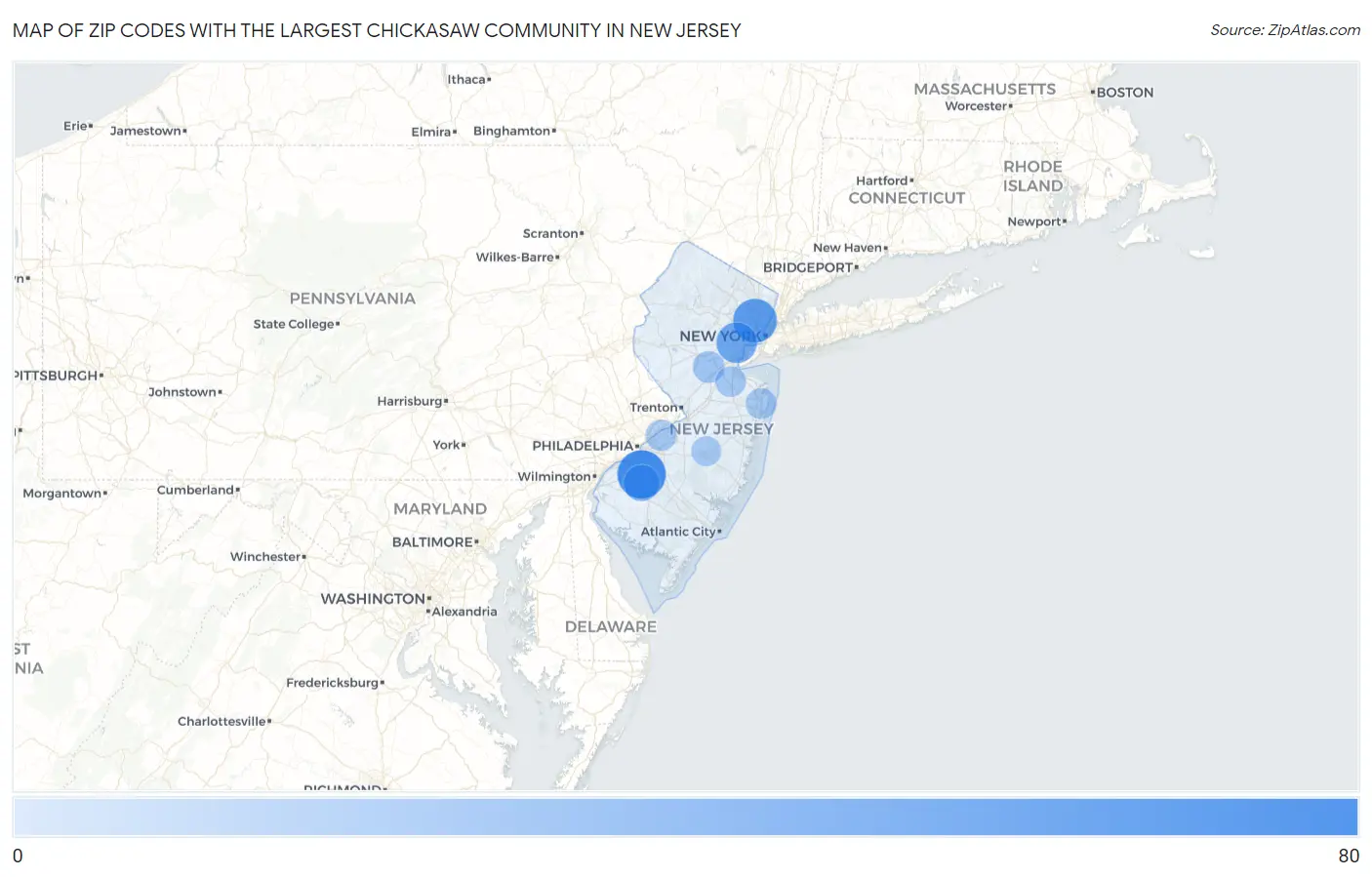 Zip Codes with the Largest Chickasaw Community in New Jersey Map