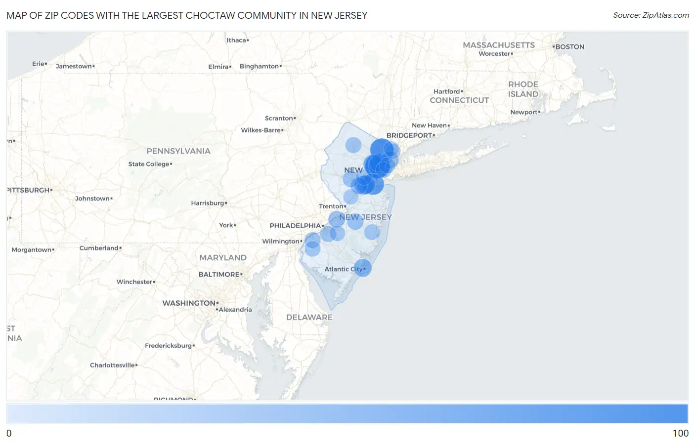Zip Codes with the Largest Choctaw Community in New Jersey Map