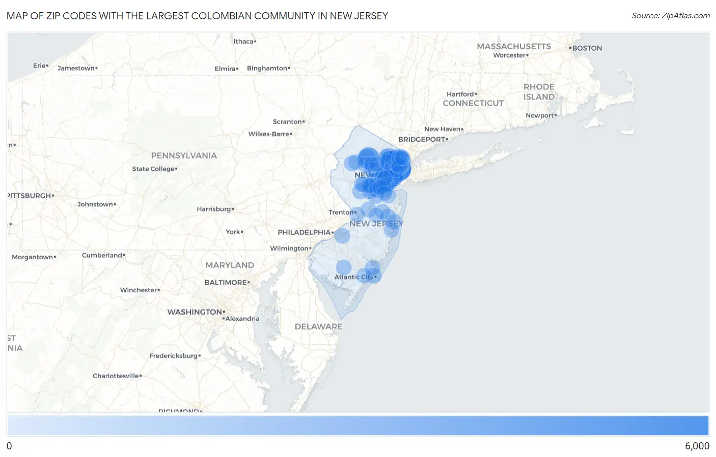 Zip Codes with the Largest Colombian Community in New Jersey Map