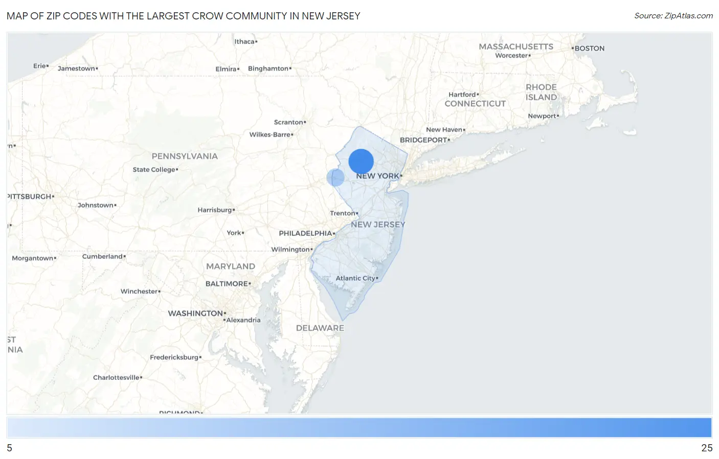 Zip Codes with the Largest Crow Community in New Jersey Map