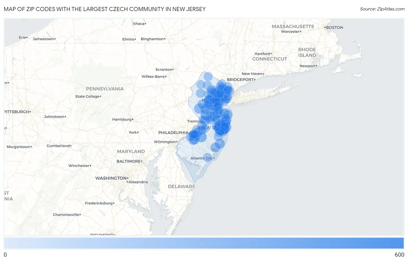 Zip Codes with the Largest Czech Community in New Jersey Map
