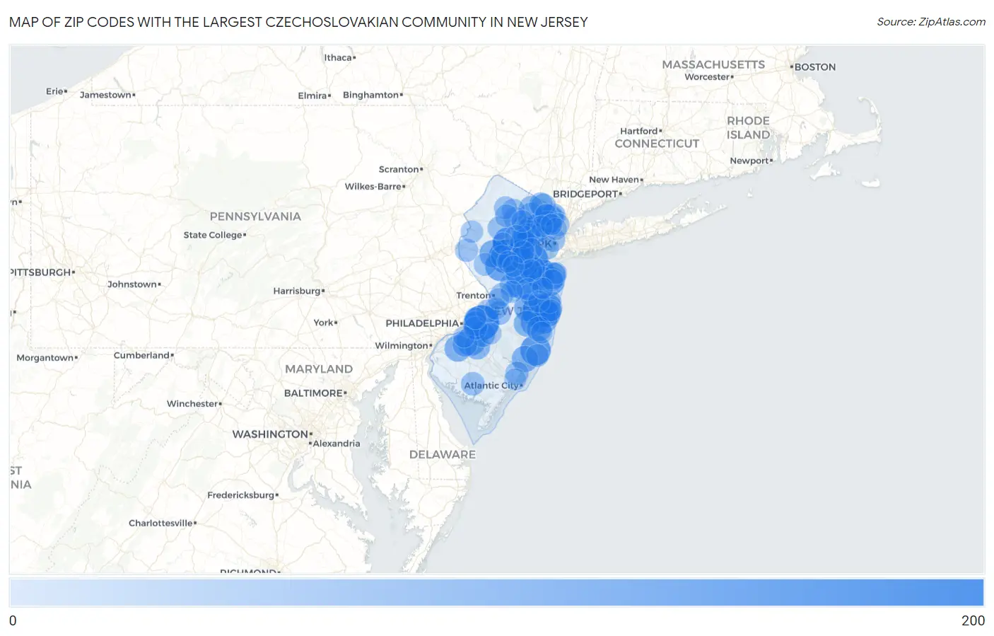 Zip Codes with the Largest Czechoslovakian Community in New Jersey Map