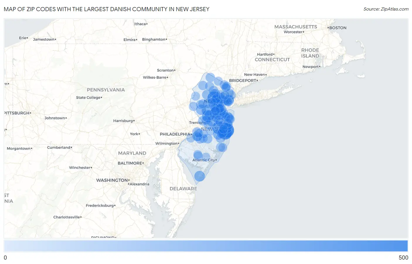 Zip Codes with the Largest Danish Community in New Jersey Map