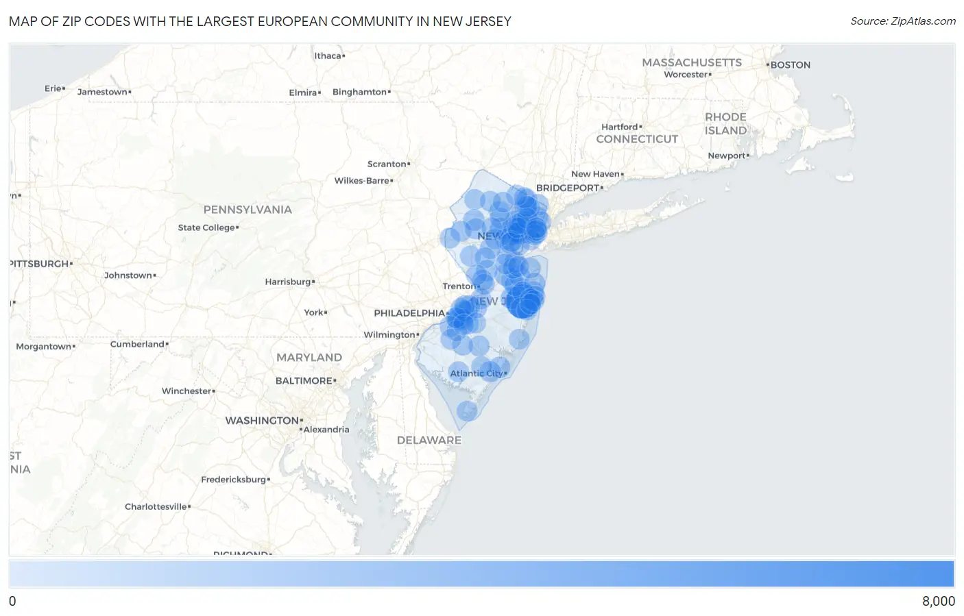 Zip Codes with the Largest European Community in New Jersey Map