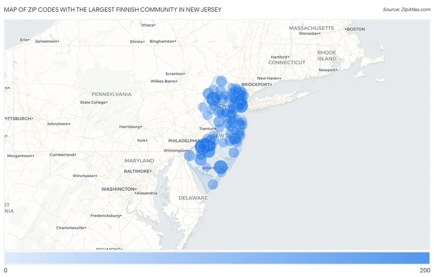 Zip Codes with the Largest Finnish Community in New Jersey Map