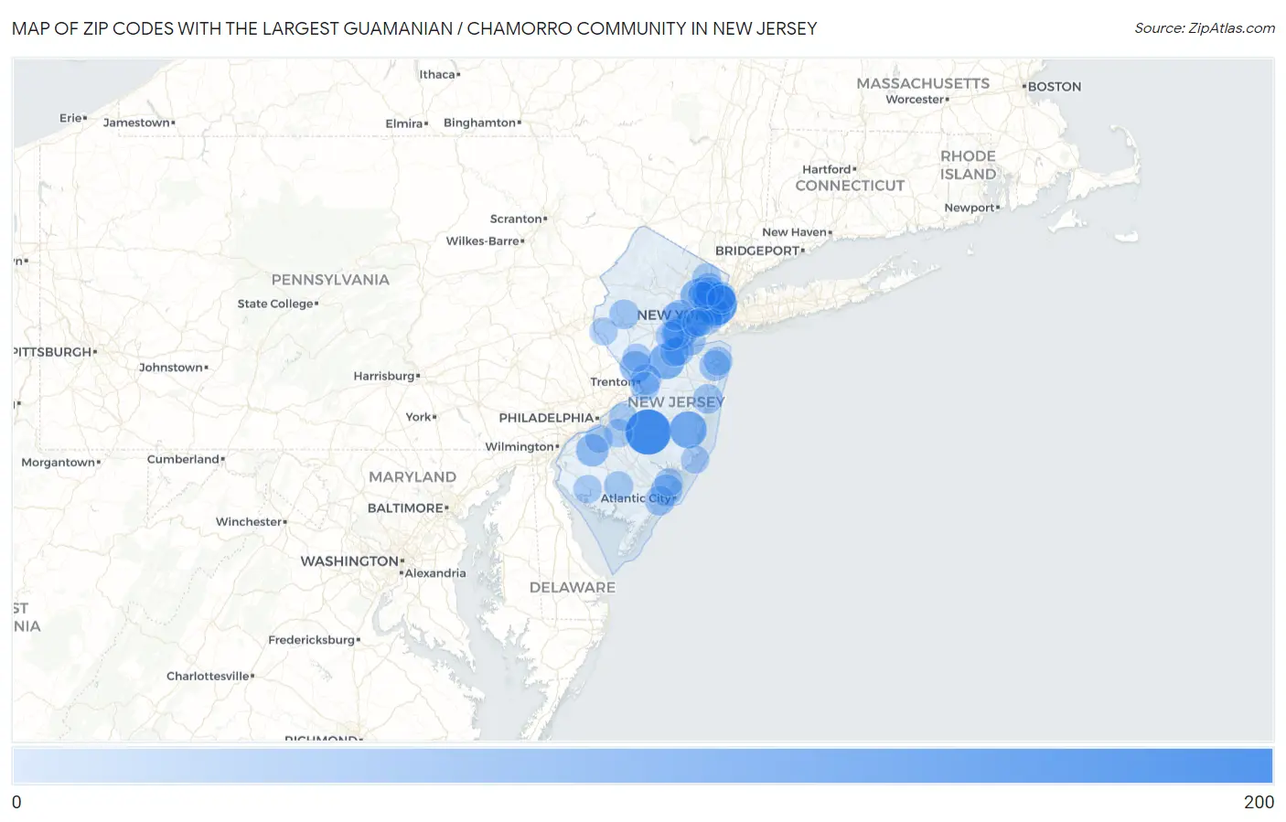 Zip Codes with the Largest Guamanian / Chamorro Community in New Jersey Map