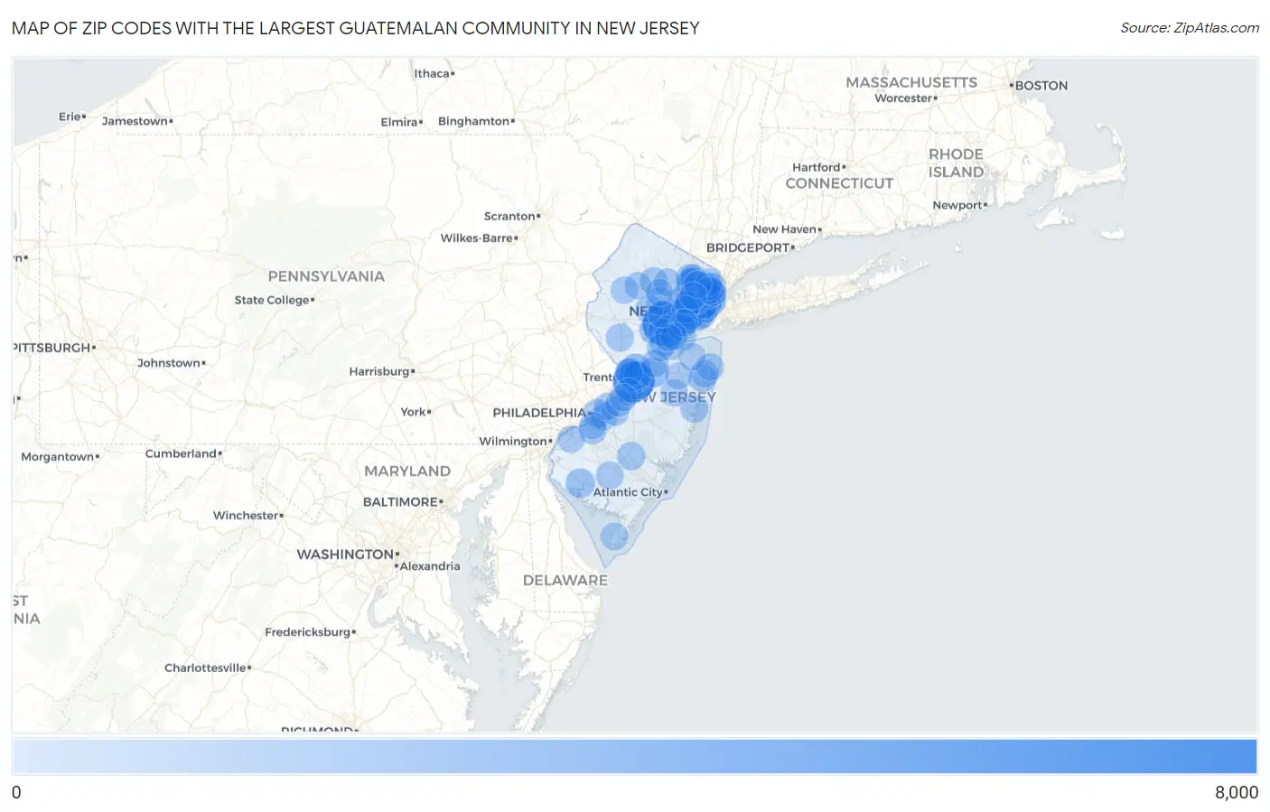 Zip Codes with the Largest Guatemalan Community in New Jersey Map