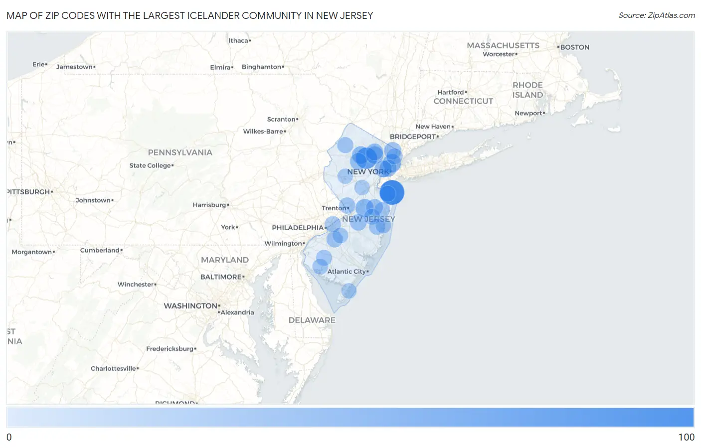 Zip Codes with the Largest Icelander Community in New Jersey Map