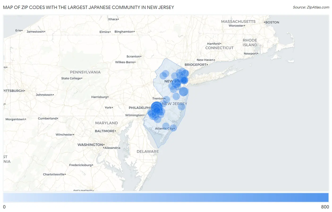 Zip Codes with the Largest Japanese Community in New Jersey Map